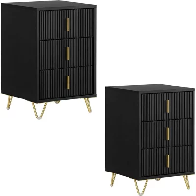 Table de chevet Lot de 2 - 3 tiroirs - Noir - MDF - 40x36x63 cm