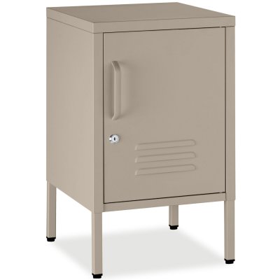 Table De Chevet, M&eacute;tal, 2 Compartiments, Porte Verrouillable, Taupe