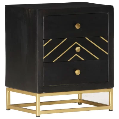 Table de chevet noir et dor&eacute; 40x30x50cm bois de manguier massif