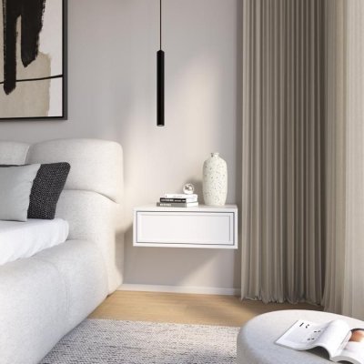 Table de chevet suspendue &ndash; avec tiroir &ndash; VELVETO &ndash; blanc &ndash; 50 cm