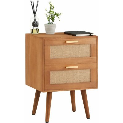 Table de chevet WAMAN 2 tiroirs, en bois de paulownia lasur&eacute; brun