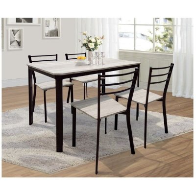 Table de cuisine et salle &agrave; manger + 4 chaises LEEDS. Ensemble repas design m&eacute;tal et bois.
