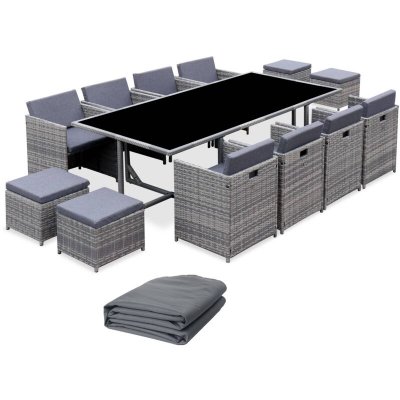 SWEEEK Table de jardin 12 places nuances de gris + housse