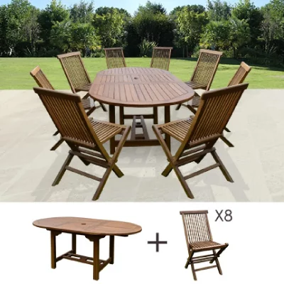 MES Table de jardin 160/210x100x75 cm avec 8 chaises Teck
