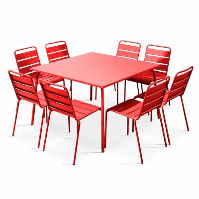 OVIALA Table de jardin carr&eacute;e 120 x 120 cm en m&eacute;tal et 8 chaises en m&eacute;tal