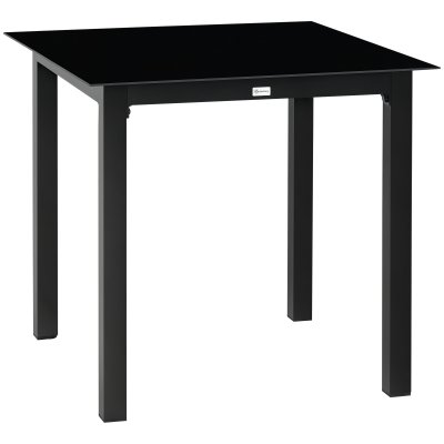 OUTSUNNY Table de jardin carr&eacute;e 4 personnes dim. 80L x 80l x 74H cm alu. plateau verre tremp&eacute; noir