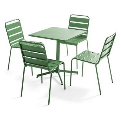 OVIALA Table de jardin carr&eacute;e inclinable 70 x 70 cm + 4 chaises en m&eacute;tal