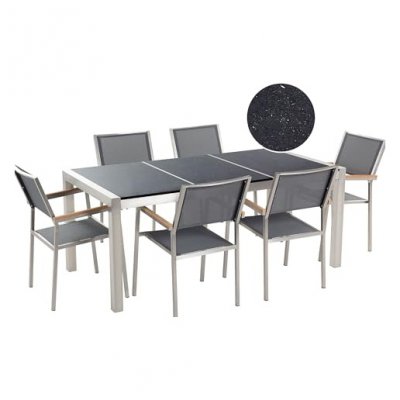 BELIANI Table de jardin en granit et 6 chaises en textile