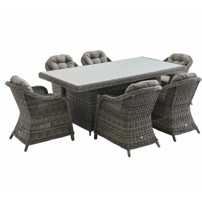 SWEEEK Table De Jardin En R&eacute;sine Tress&eacute;e Arrondie - Lecco Gris - Coussins Beige - 6 Places - 6 Fauteuils