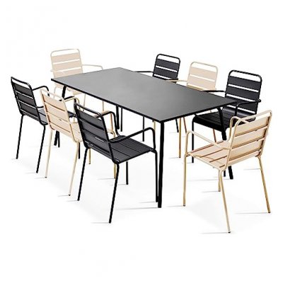OVIALA Table de jardin et 8 fauteuils en m&eacute;tal anthracite ivoire et gris