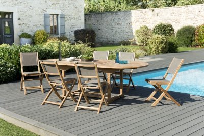  Table de jardin et chaises en teck et textilene 8/10 personnes