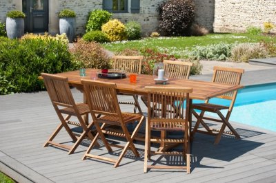 MACABANE Table de jardin et chaises en teck huile 8/10 personnes