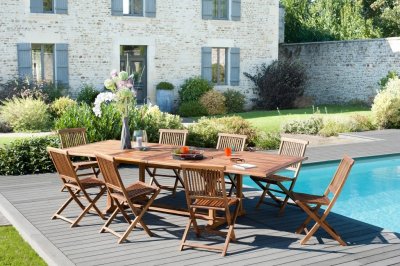 Table de jardin teck huil&eacute; double extension 10/12 pers L300