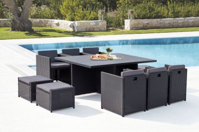 CONCEPT USINE Table et chaise 10 places encastrables alu r&eacute;sine noir/gris