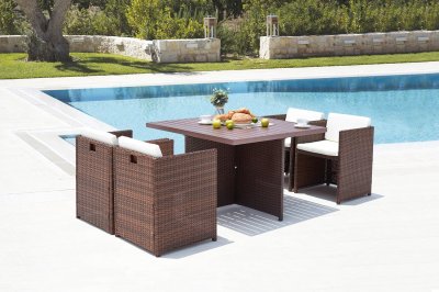 CONCEPT USINE Table et chaise 4 places encastrables alu r&eacute;sine marron/blanc
