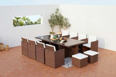 CONCEPT USINE Table et chaises 12 places encastrables r&eacute;sine marron/blanc