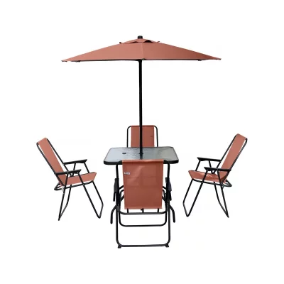 HABITAT ET JARDIN Table et chaises de jardin avec parasol en m&eacute;tal ""Convivia"" - 4 places - Terracotta