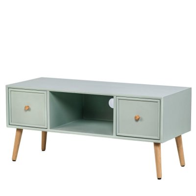 NORDLYS Table TV Scandinave en Bois - 2 Tiroirs Rangement AKITA - Verte