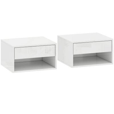 Tables de chevet suspendues tiroir &eacute;tag&egrave;re bois blanc brillant