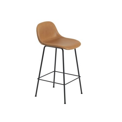 Tabouret avec dossier Fiber cuir cognac & pi&egrave;tement acier H87,5 cm - Muuto