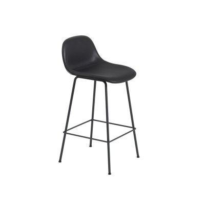 Tabouret avec dossier Fiber cuir noir & pi&egrave;tement acier H87,5 cm - Muuto