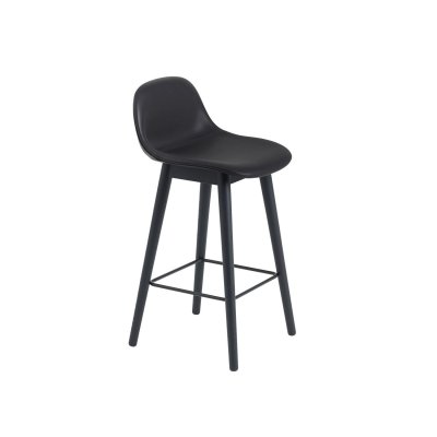 Tabouret avec dossier Fiber cuir noir & pi&egrave;tement bois H87,5 cm - Muuto