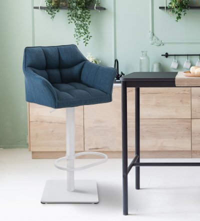 Tabouret de bar Damaso en Tissu bleu M&eacute;tal blanc mat