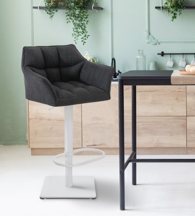 Tabouret de bar Damaso en Tissu gris fonc&eacute; M&eacute;tal blanc mat