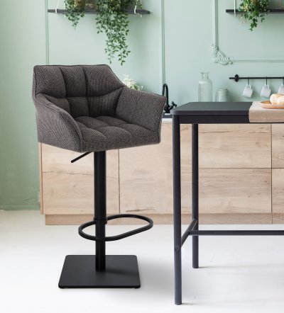 Tabouret de bar Damaso en Tissu gris titane M&eacute;tal noir mat