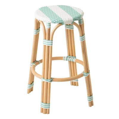 Tabouret de Bar en Rotin ""Reyes"" 66cm Bleu & Blanc