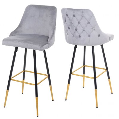 Tabouret de bar - HWC - E70 - Design r&eacute;tro - Velours - Pieds dor&eacute;s - Gris