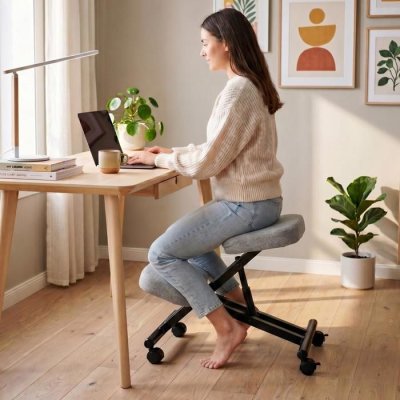 Tabouret ergonomique ROBERT, structure en m&eacute;tal noir et tissu gris
