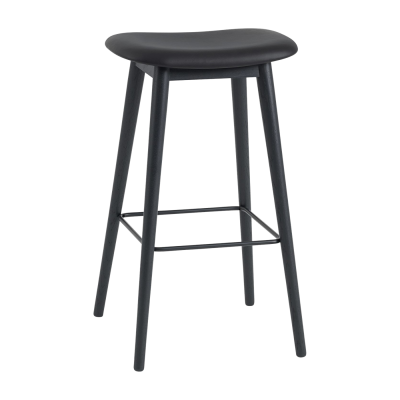 Tabouret Fiber cuir noir & pi&egrave;tement bois H66 cm - Muuto