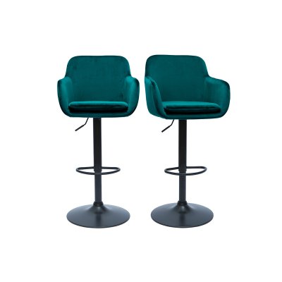 Tabourets de bar r&eacute;glables en tissu velours bleu p&eacute;trole et m&eacute;tal noir (lot de 2) amika