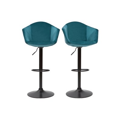 Tabourets de bar r&eacute;glables pivotants 360&deg; en velours bleu p&eacute;trole et m&eacute;tal (lot de 2) taya