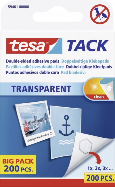 TESA Tampons adh&eacute;sifs  tack, 200 pi&egrave;ces, r&eacute;utilisables, transparents