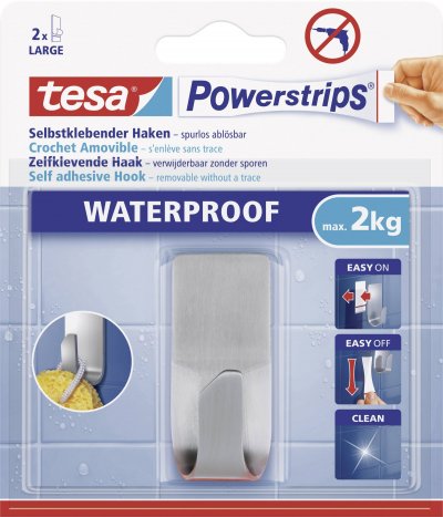 TESA  1 crochet rectangulaire - M&eacute;tal + 2 crochets Powerstrips - aterproof
