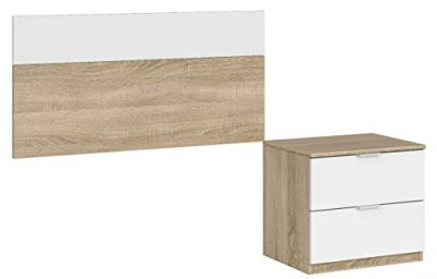 PEGANE Tete de lit 100cm avec 1 table de chevet en chene canadian et Blanc artic - 95 x 150 x 38 cm --