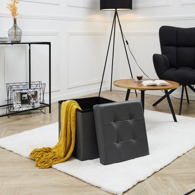 THE HOME DECO FACTORY  - Pouf coffre pliable PU assise capitonn&eacute;e gris