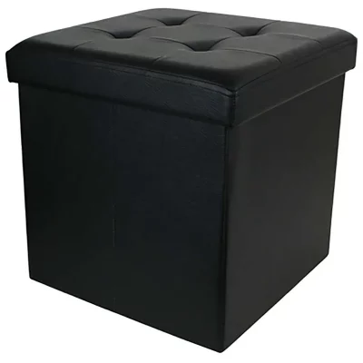 THE HOME DECO FACTORY  - Pouf coffre pliable PU assise capitonn&eacute;e noir