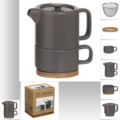 SECRET DE GOURMET Th&eacute;i&egrave;re solitaire Nature en fa&iuml;ence taupe et bambou 40cl
