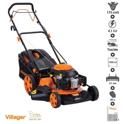 VILLAGER Tondeuse thermique autotract&eacute;e moteur puissant 173cm3 4,1 cv coupe 50cm mulching atlas 5111t