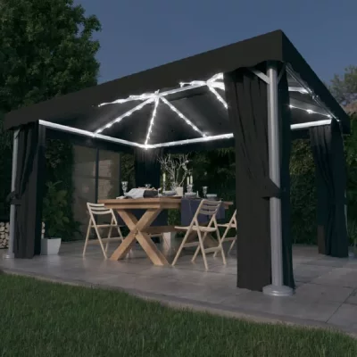 Tonnelle avec rideau et guirlande lumineuse LED 4x3m Anthracite 