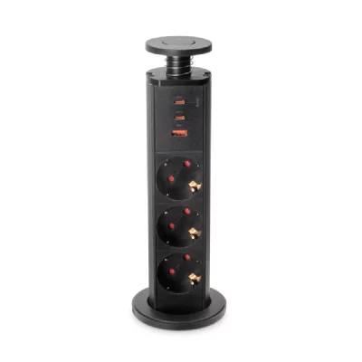 EMUCA Tour multiprise r&eacute;tractable 3 prises Schuko USB-A USB-C Noir 16A &Oslash;60mm