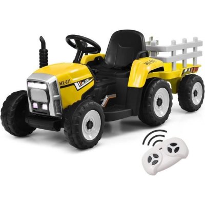 GOPLUS Tracteur &Eacute;lectrique Enfant avec Remorque -  - Jaune - LED et Musique - Ceinture de S&eacute;curit&eacute;