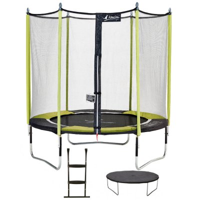 KANGUI Trampoline de jardin 244 cm + filet de s&eacute;curit&eacute; + &eacute;chelle + b&acirc;che de protection JUMPI Vert/Noir 250