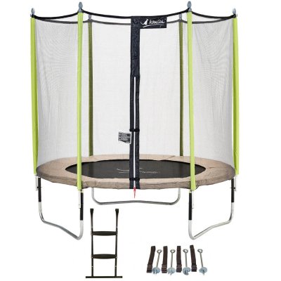KANGUI Trampoline de jardin 244 cm + filet de s&eacute;curit&eacute; + &eacute;chelle + kit d'ancrage JUMPI Taupe/Vert 250