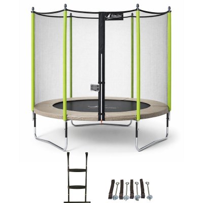 KANGUI Trampoline de jardin 305 cm + filet de s&eacute;curit&eacute; + &eacute;chelle + kit d'ancrage JUMPI Taupe/Vert 300