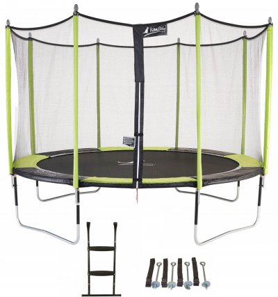 KANGUI Trampoline de jardin 365 cm + filet de s&eacute;curit&eacute; + &eacute;chelle + kit d'ancrage JUMPI Vert/Noir 360