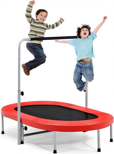 COSTWAY Trampoline Pliable Pour 2 Enfants Int&eacute;rieur/ext&eacute;rieur Avec Main Courante Ajustable Coussin Tapis